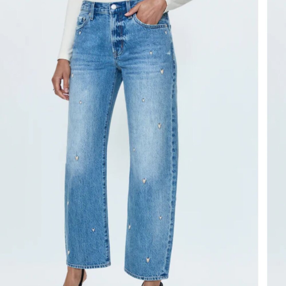 NWT Pistola Lexi Confetti Heart Embroidered Bowed Straight Jeans | Size 24 - Picture 3 of 9
